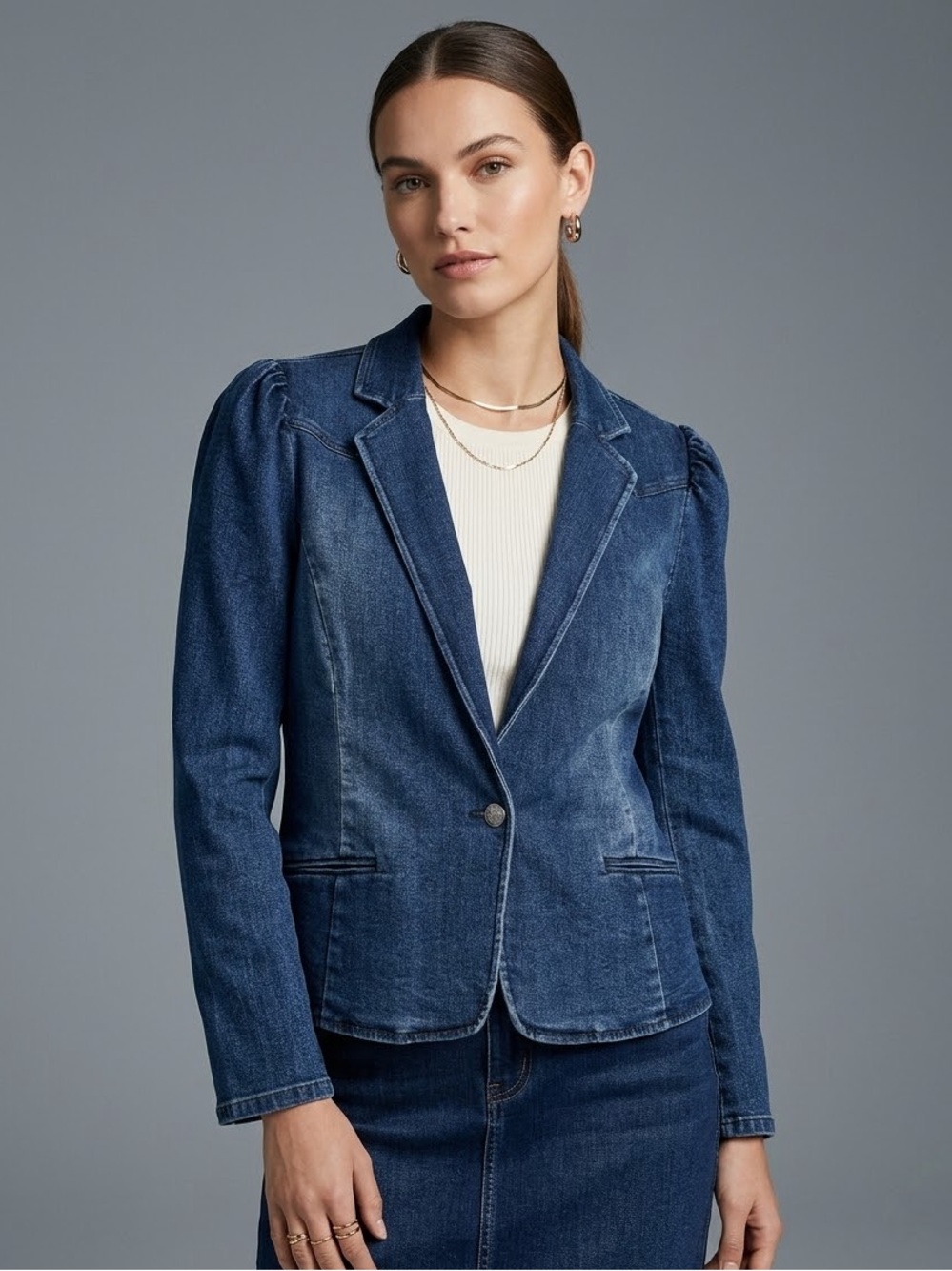 INC International Concepts Puff Shoulder Denim Blazer Jacket Blue Women XL